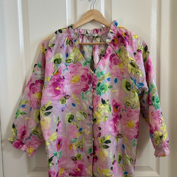 Hester & Orchard Shirt Linen Pink Yellow Watercolor Floral Blouse 3/4 Sleeve SZM - Picture 2 of 8
